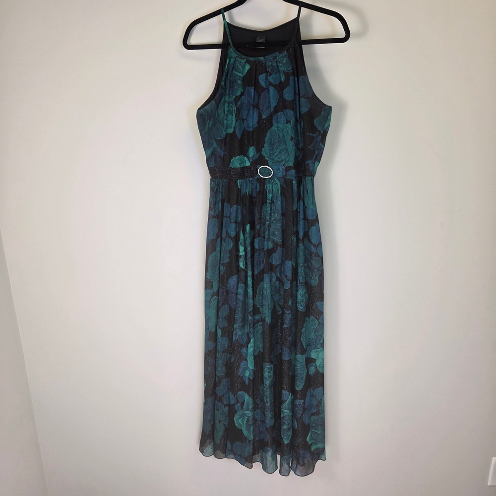 Alexa B Floral Metallic Maxi Dress Teal Blu Rose High Neck Rhinestone Buckle